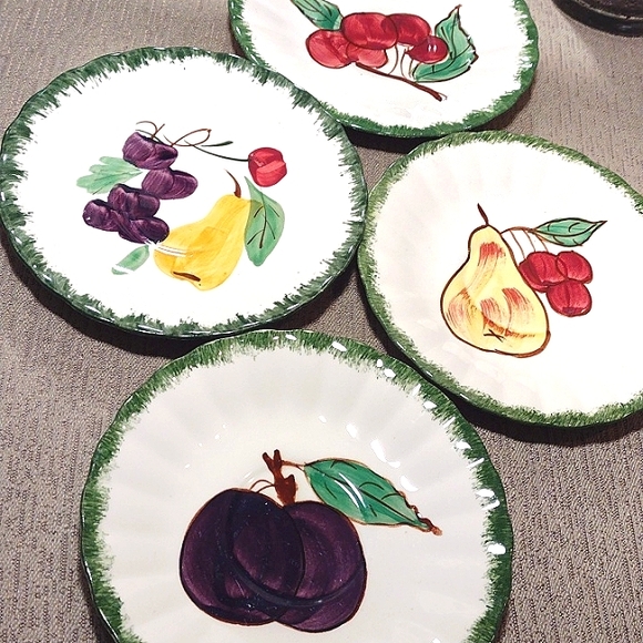 Blue Ridge 🍒 Hand Painted small Plates set of 4 Cherries, pears, grapes - Picture 2 of 12